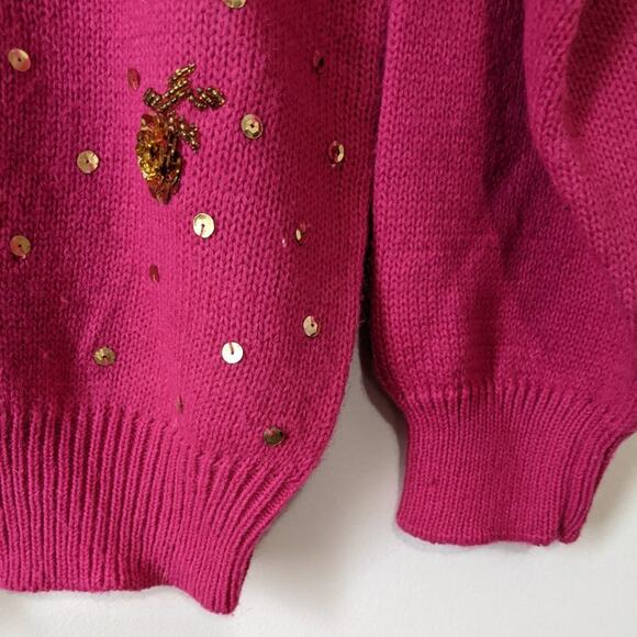 Vintage 80s 90s Pink Gold Sequins Sequined Floral Crewneck Funky Sweater 1980s L - Picture 9 of 11